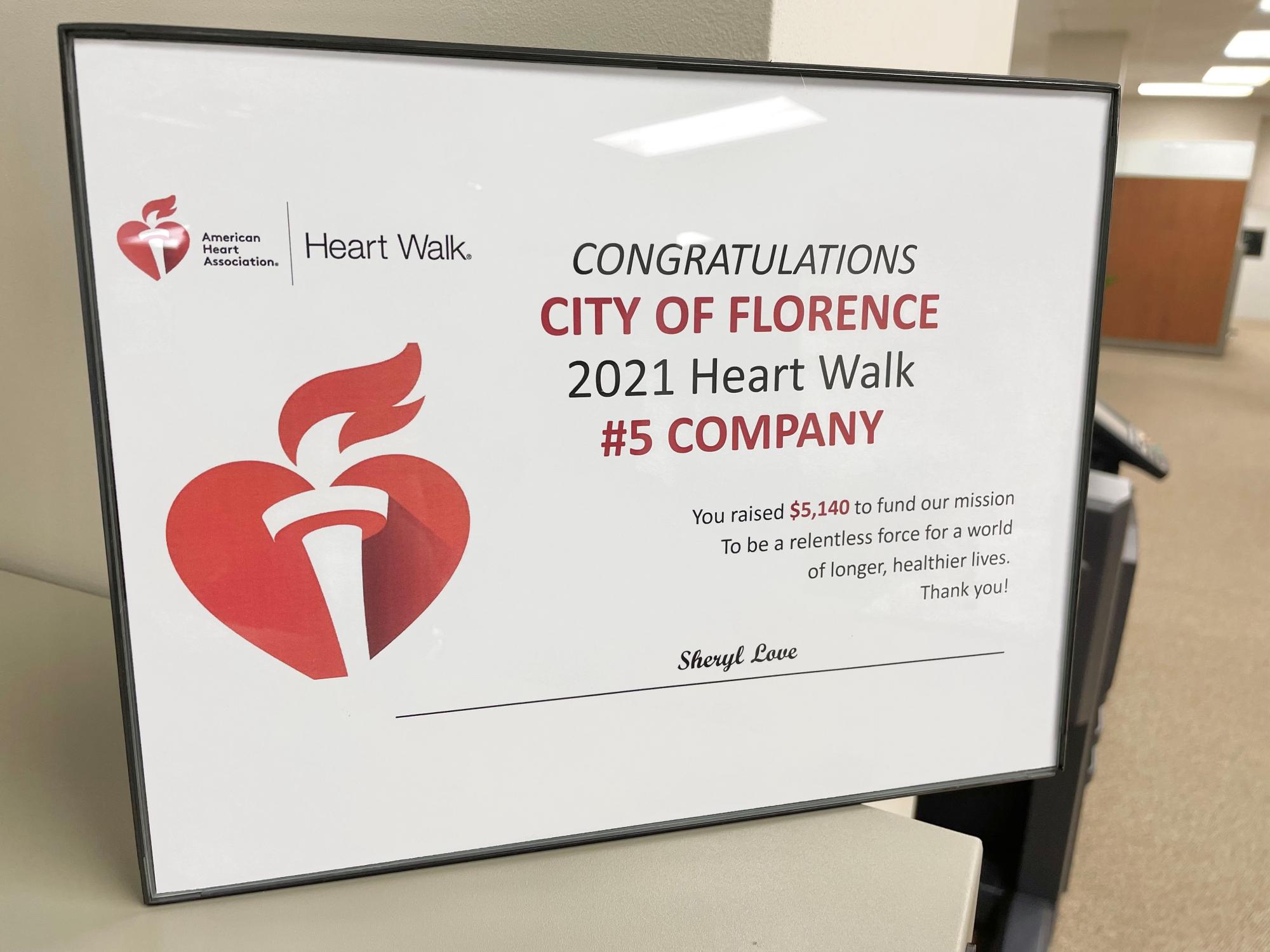 City of Florence 2021 Heart Walk Award: